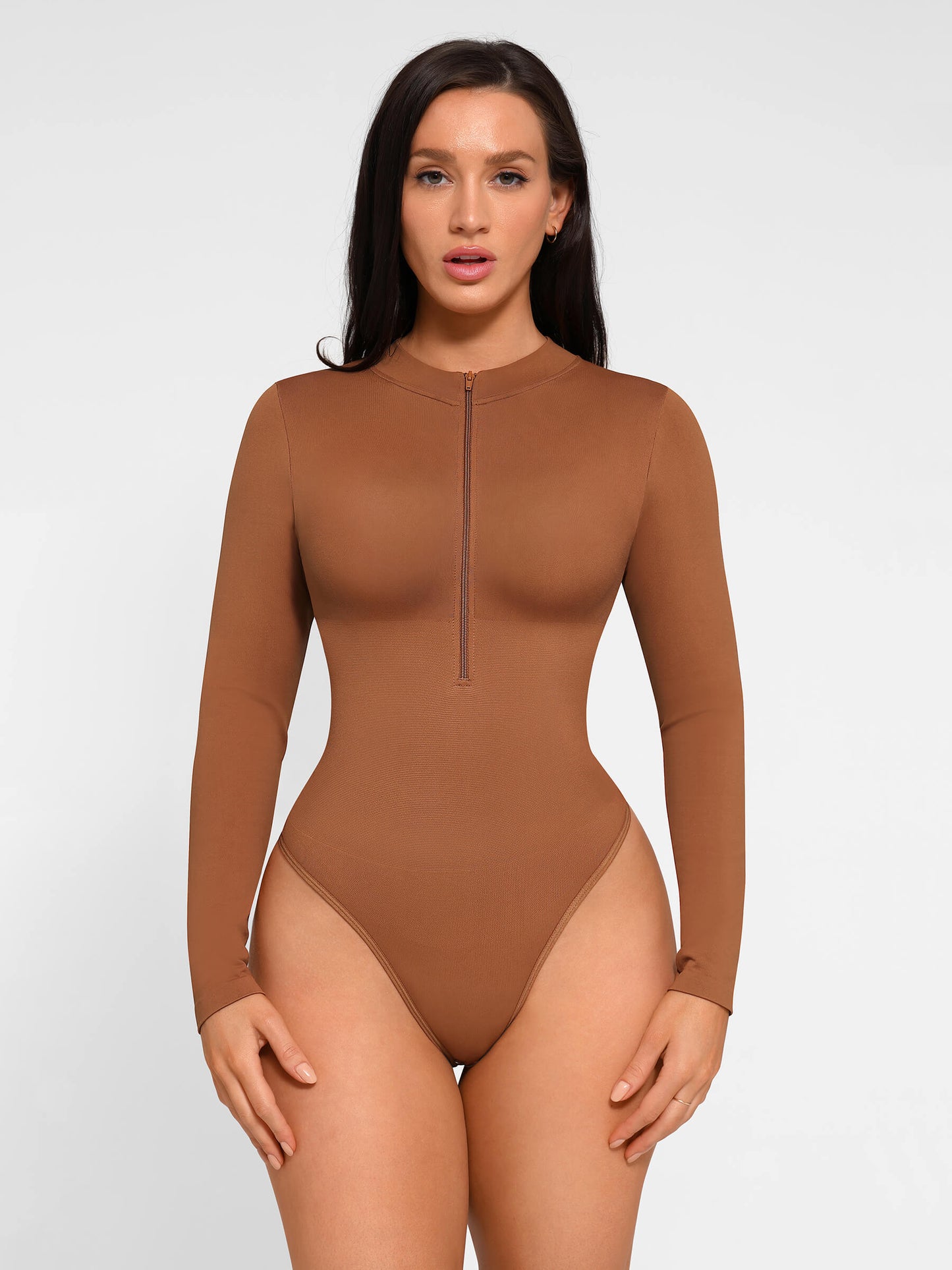 Feelingirl Seamless Long Sleeve Zipper Thong Bodysuit