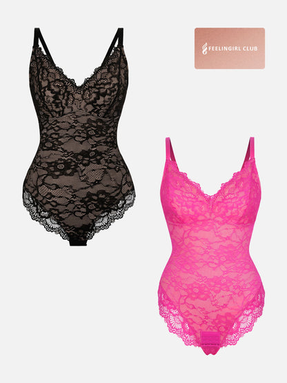 Feelingirl 2-Pack Lace V Neck Full Bodysuit Bundle