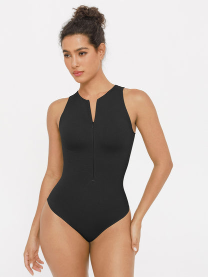 Feelingirl Ribbed Seamless Bodysuit with Crew Neck and Invisible Zip