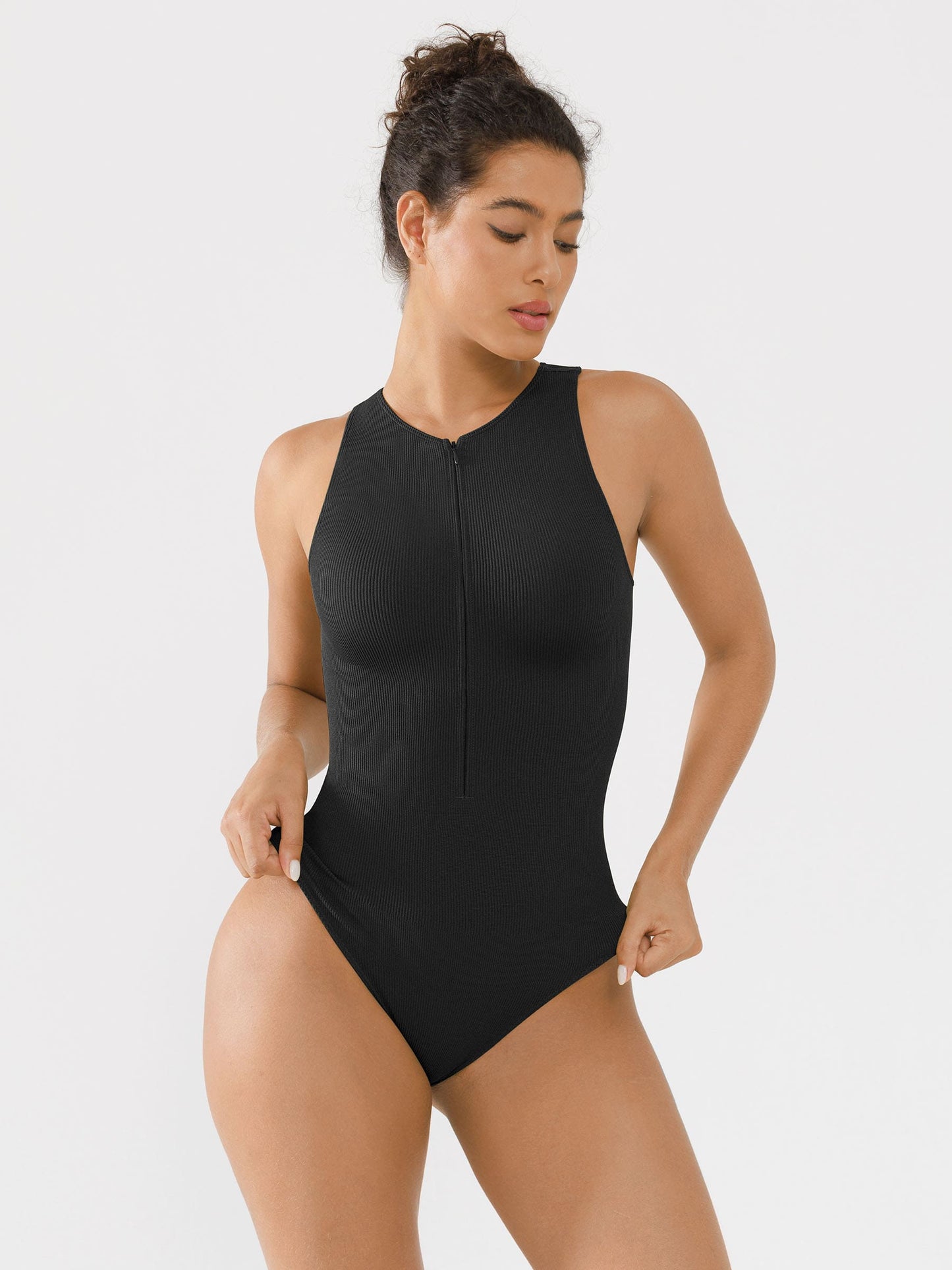 Feelingirl Ribbed Seamless Bodysuit with Crew Neck and Invisible Zip
