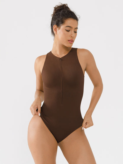 Feelingirl Ribbed Seamless Bodysuit with Crew Neck and Invisible Zip