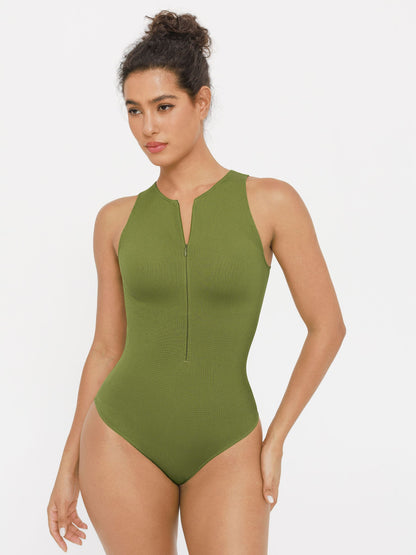 Feelingirl Ribbed Seamless Bodysuit with Crew Neck and Invisible Zip
