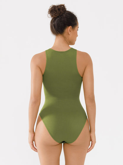 Feelingirl Ribbed Seamless Bodysuit with Crew Neck and Invisible Zip