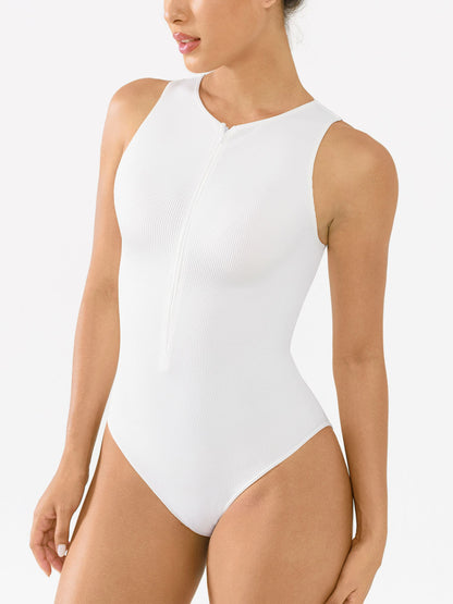 Feelingirl Ribbed Seamless Bodysuit with Crew Neck and Invisible Zip