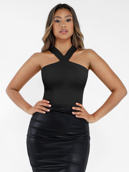 Feelingirl Seamless Crossover Halter Thong Bodysuit Shapewear for Everyday Wear