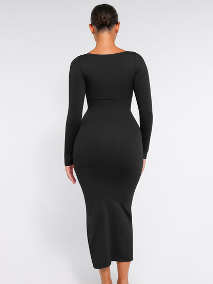 Feelingirl Seamless Long Sleeve Shaper Dress with Removable Pads and High Slit