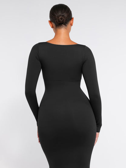 Feelingirl Seamless Long Sleeve Shaper Dress with Removable Pads and High Slit