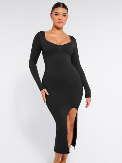 Feelingirl Seamless Long Sleeve Shaper Dress with Removable Pads and High Slit