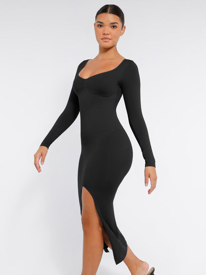 Feelingirl Seamless Long Sleeve Shaper Dress with Removable Pads and High Slit