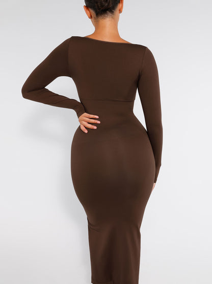 Feelingirl Seamless Long Sleeve Shaper Dress with Removable Pads and High Slit