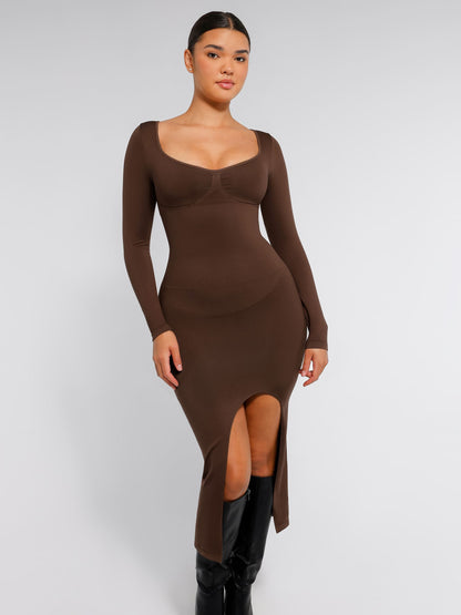 Feelingirl Seamless Long Sleeve Shaper Dress with Removable Pads and High Slit