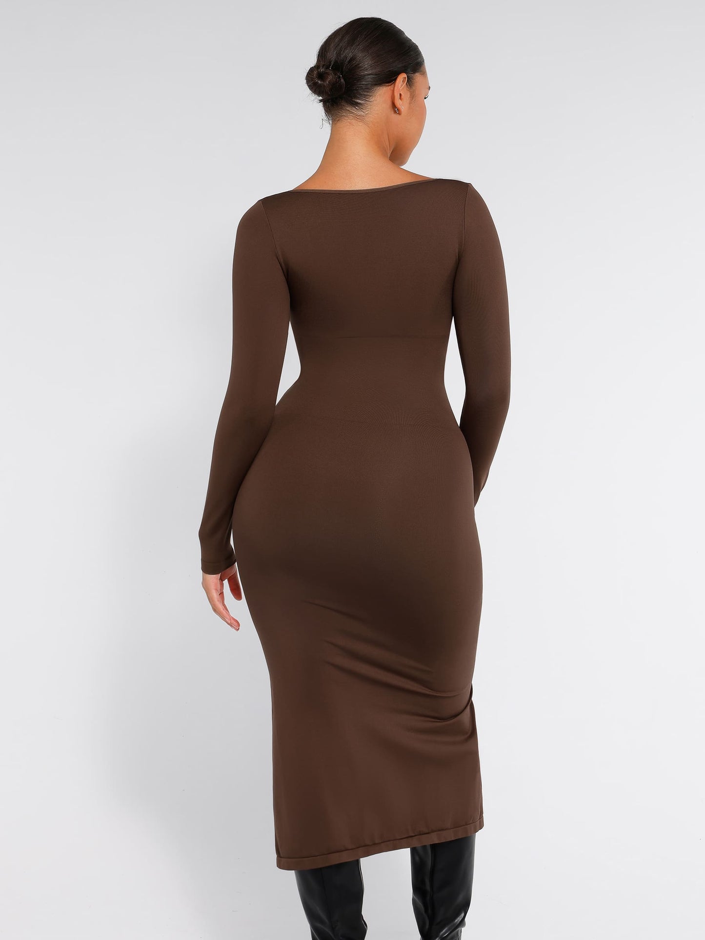 Feelingirl Seamless Long Sleeve Shaper Dress with Removable Pads and High Slit