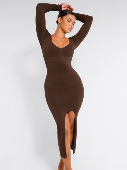 Feelingirl Seamless Long Sleeve Shaper Dress with Removable Pads and High Slit