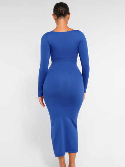 Feelingirl Seamless Long Sleeve Shaper Dress with Removable Pads and High Slit