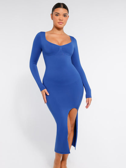 Feelingirl Seamless Long Sleeve Shaper Dress with Removable Pads and High Slit