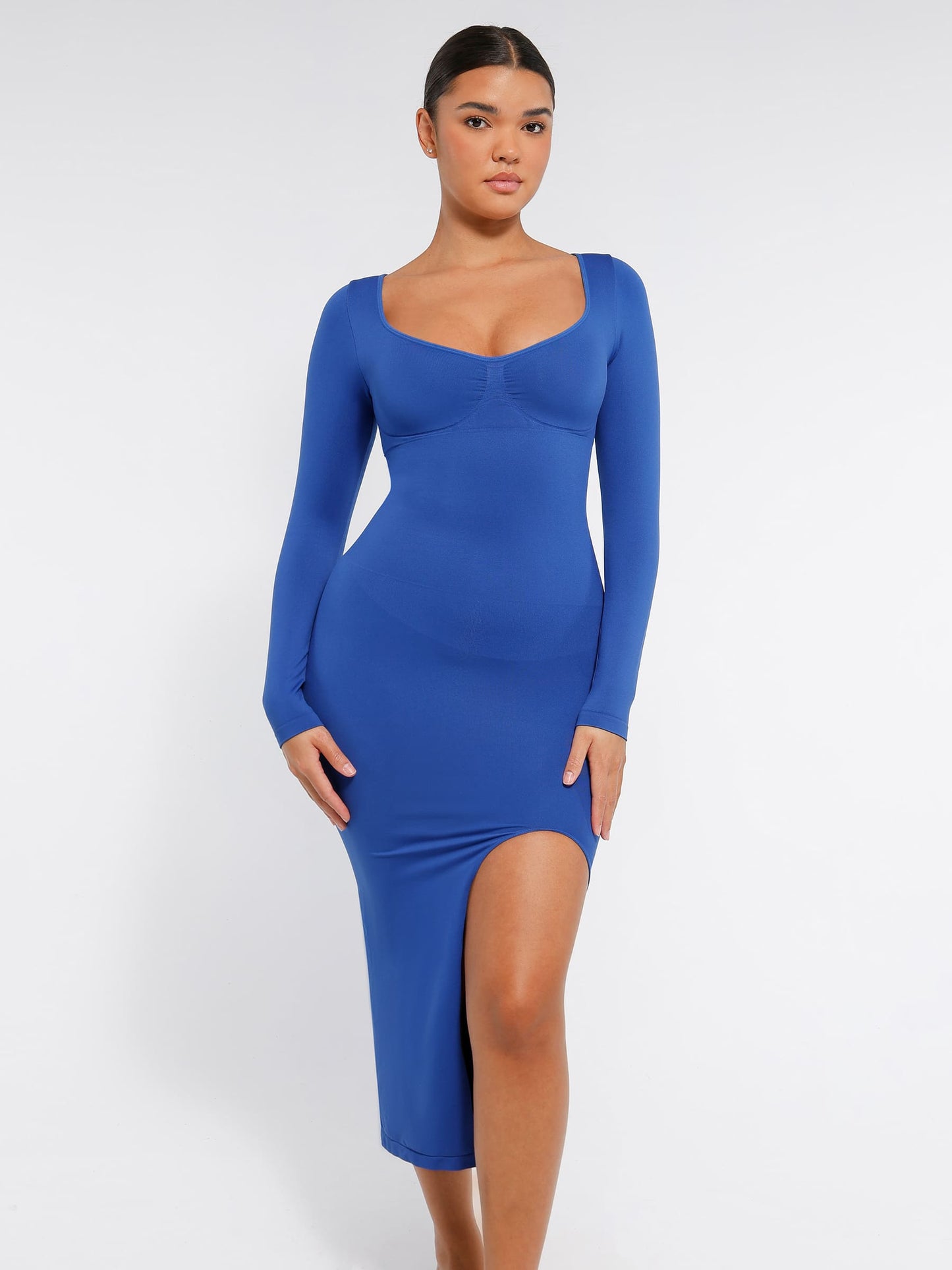 Feelingirl Seamless Long Sleeve Shaper Dress with Removable Pads and High Slit