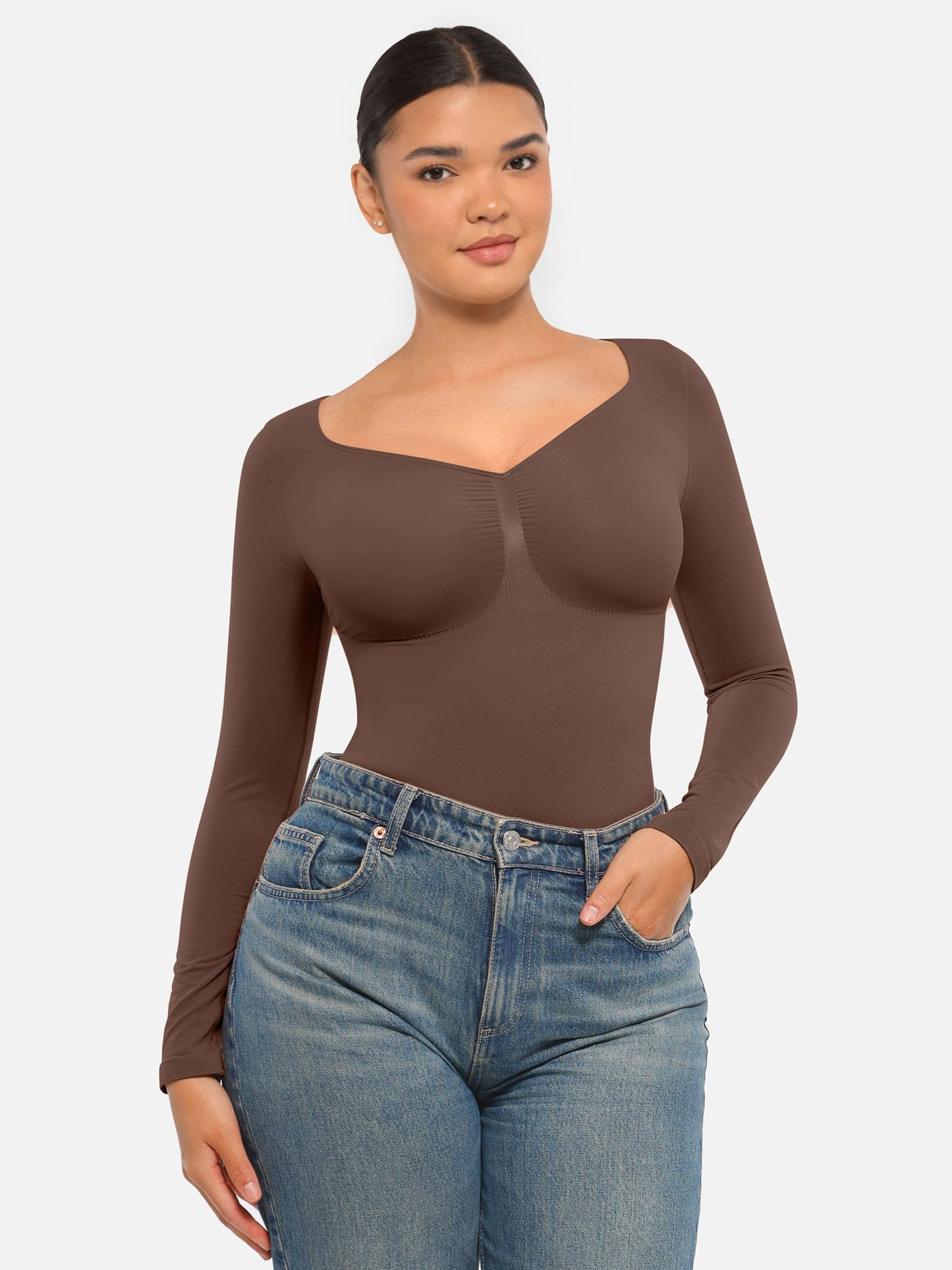 Feelingirl Seamless Long Sleeve Tummy Control Thong Bodysuit