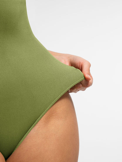 Feelingirl Ribbed Seamless Bodysuit with Crew Neck and Invisible Zip