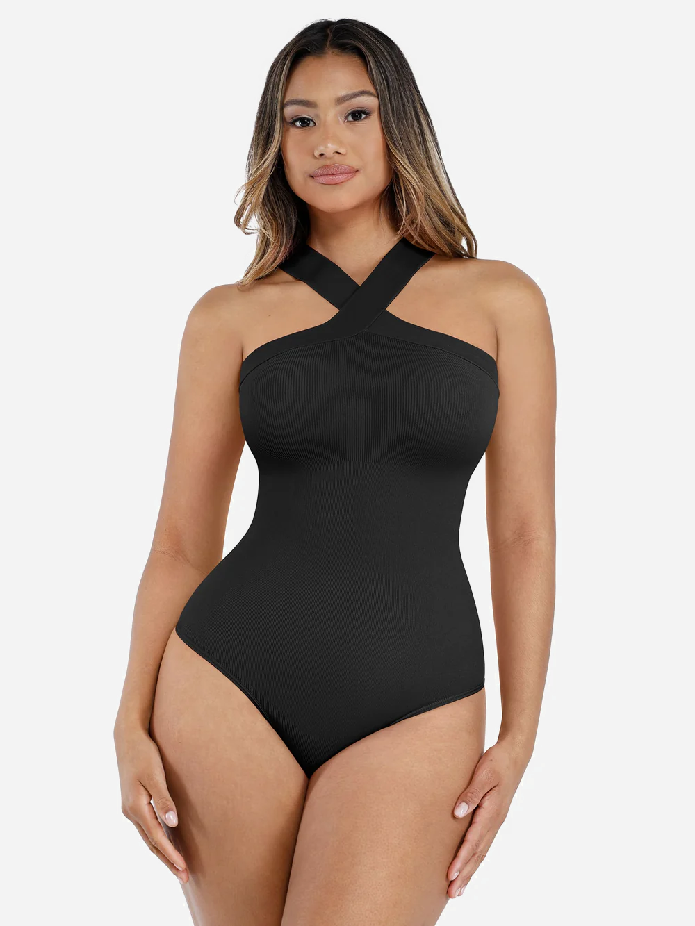Feelingirl Seamless Crossover Halter Thong Bodysuit Shapewear for Everyday Wear