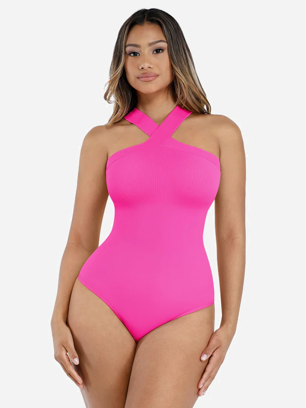 Feelingirl Seamless Crossover Halter Thong Bodysuit Shapewear for Everyday Wear