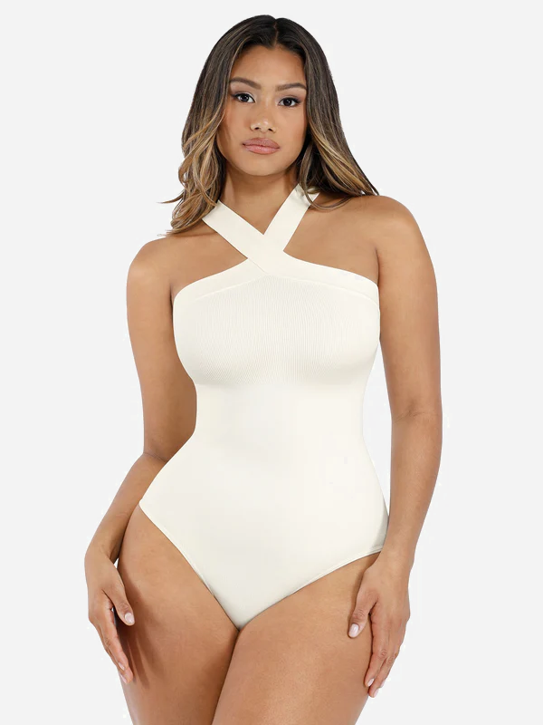 Feelingirl Seamless Crossover Halter Thong Bodysuit Shapewear for Everyday Wear